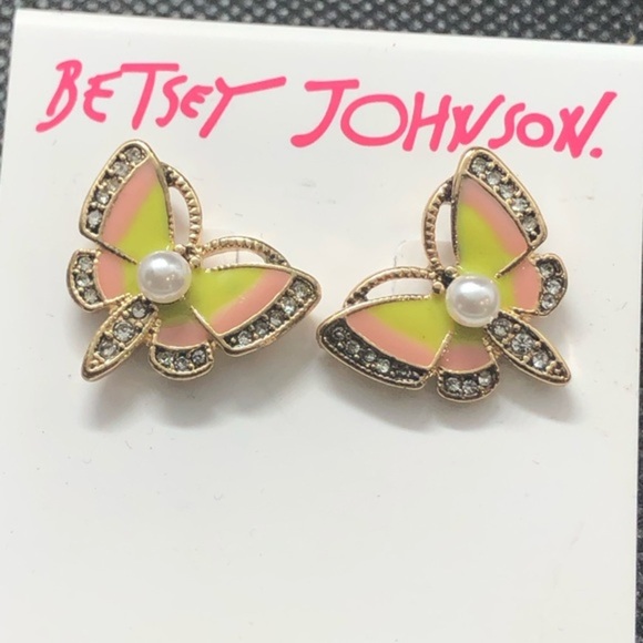 Betsey Johnson crystal rhinestone cubic zirconia pearl topped butterfly earrings - Picture 1 of 11